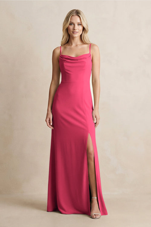 Spaghetti Straps Sheath Satin Bridesmaid Dress With Slit in Fuchsia - KISS BRIDAL Bridesmaid Dresses