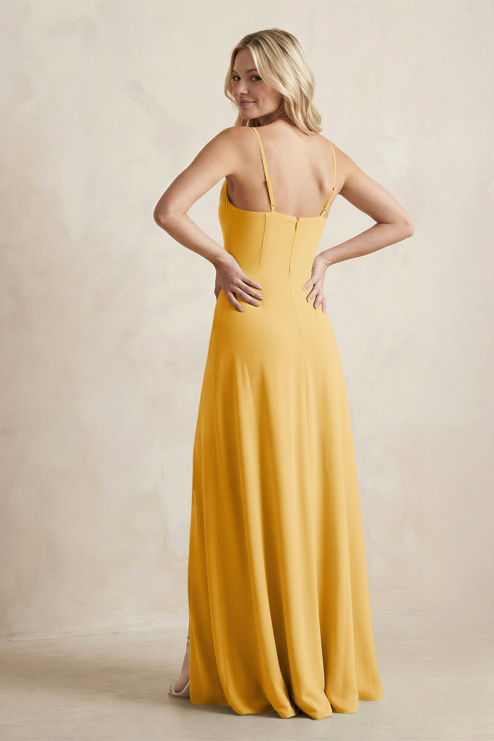 Spaghetti Straps Sheath Satin Bridesmaid Dress With Slit in Gold - KISS BRIDAL Bridesmaid Dresses