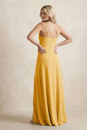 Spaghetti Straps Sheath Satin Bridesmaid Dress With Slit in Gold - KISS BRIDAL Bridesmaid Dresses