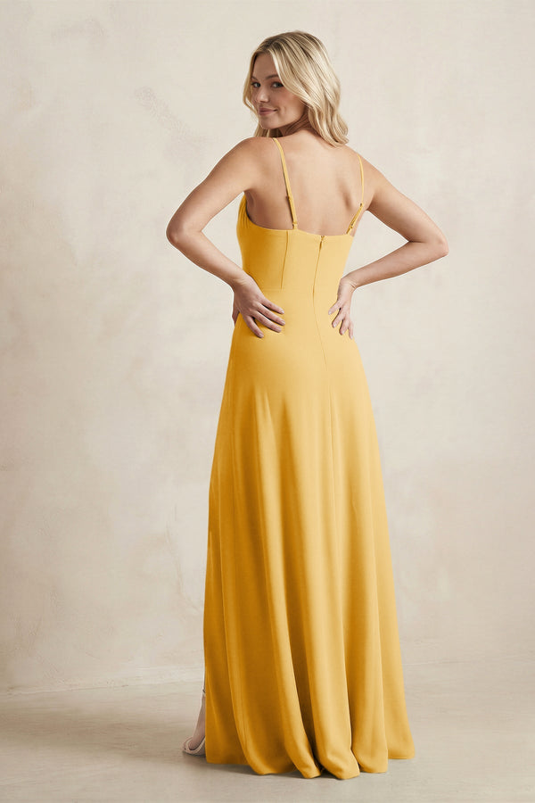Spaghetti Straps Sheath Satin Bridesmaid Dress With Slit in Gold - KISS BRIDAL Bridesmaid Dresses