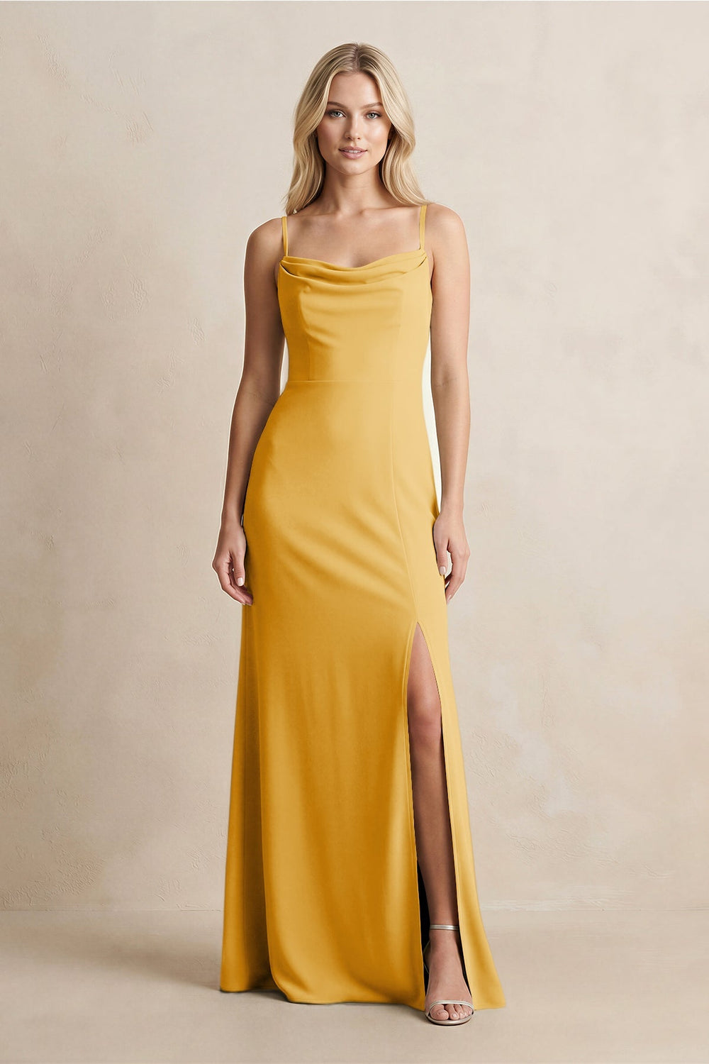 Spaghetti Straps Sheath Satin Bridesmaid Dress With Slit in Gold - KISS BRIDAL Bridesmaid Dresses