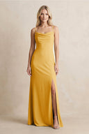 Spaghetti Straps Sheath Satin Bridesmaid Dress With Slit in Gold - KISS BRIDAL Bridesmaid Dresses