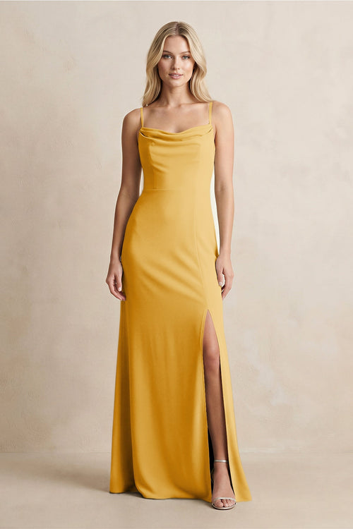 Spaghetti Straps Sheath Satin Bridesmaid Dress With Slit in Gold - KISS BRIDAL Bridesmaid Dresses