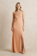 Spaghetti Straps Sheath Satin Bridesmaid Dress With Slit in Golden Champagne - KISS BRIDAL Bridesmaid Dresses