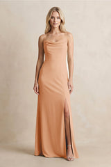 Spaghetti Straps Sheath Satin Bridesmaid Dress With Slit in Golden Champagne - KISS BRIDAL Bridesmaid Dresses