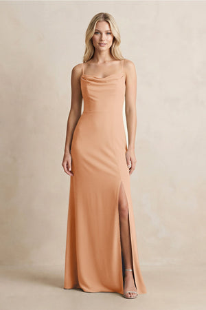 Spaghetti Straps Sheath Satin Bridesmaid Dress With Slit in Golden Champagne - KISS BRIDAL Bridesmaid Dresses
