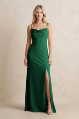 Spaghetti Straps Sheath Satin Bridesmaid Dress With Slit in Green - KISS BRIDAL Bridesmaid Dresses