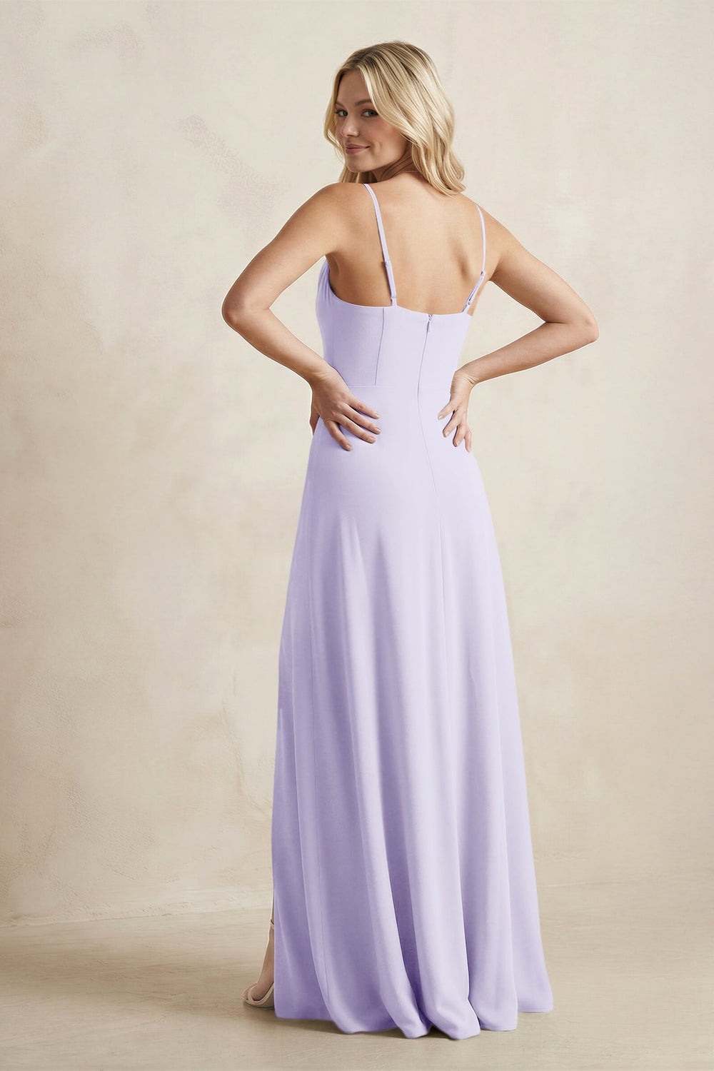 Spaghetti Straps Sheath Satin Bridesmaid Dress With Slit in Lavender - KISS BRIDAL Bridesmaid Dresses