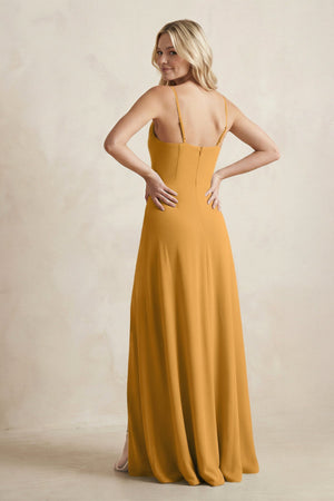 Spaghetti Straps Sheath Satin Bridesmaid Dress With Slit in Marigold - KISS BRIDAL Bridesmaid Dresses