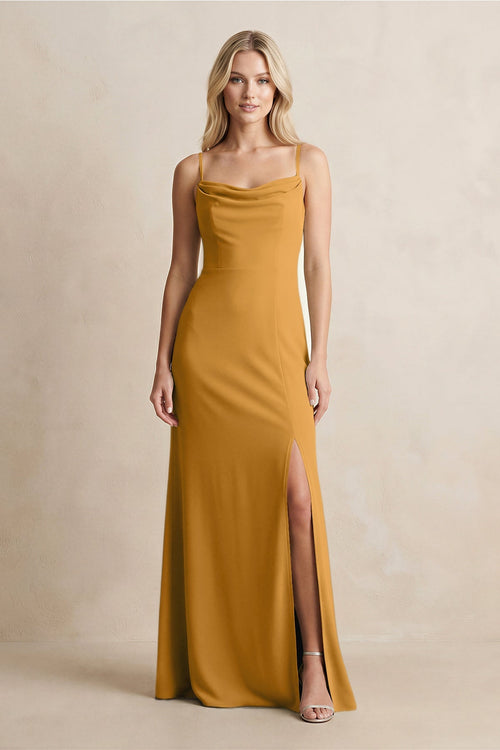 Spaghetti Straps Sheath Satin Bridesmaid Dress With Slit in Marigold - KISS BRIDAL Bridesmaid Dresses