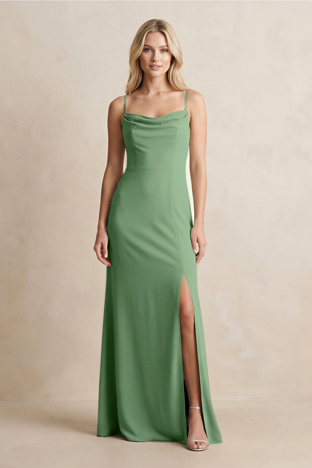 Spaghetti Straps Sheath Satin Bridesmaid Dress With Slit in Matcha - KISS BRIDAL Bridesmaid Dresses