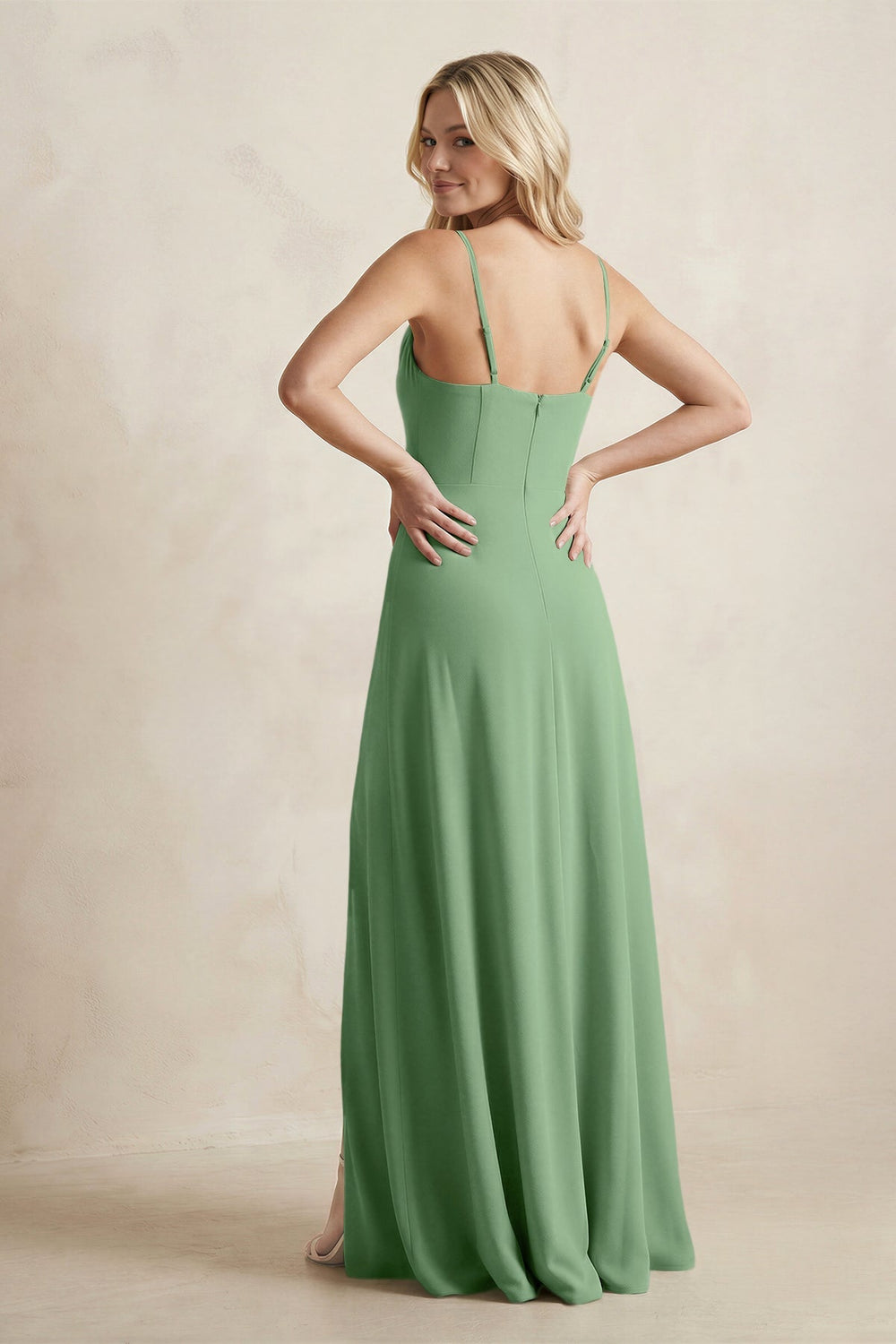 Spaghetti Straps Sheath Satin Bridesmaid Dress With Slit in Matcha - KISS BRIDAL Bridesmaid Dresses