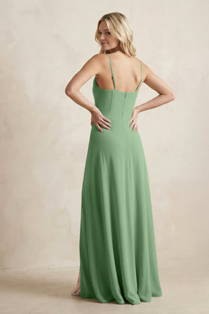 Spaghetti Straps Sheath Satin Bridesmaid Dress With Slit in Matcha - KISS BRIDAL Bridesmaid Dresses