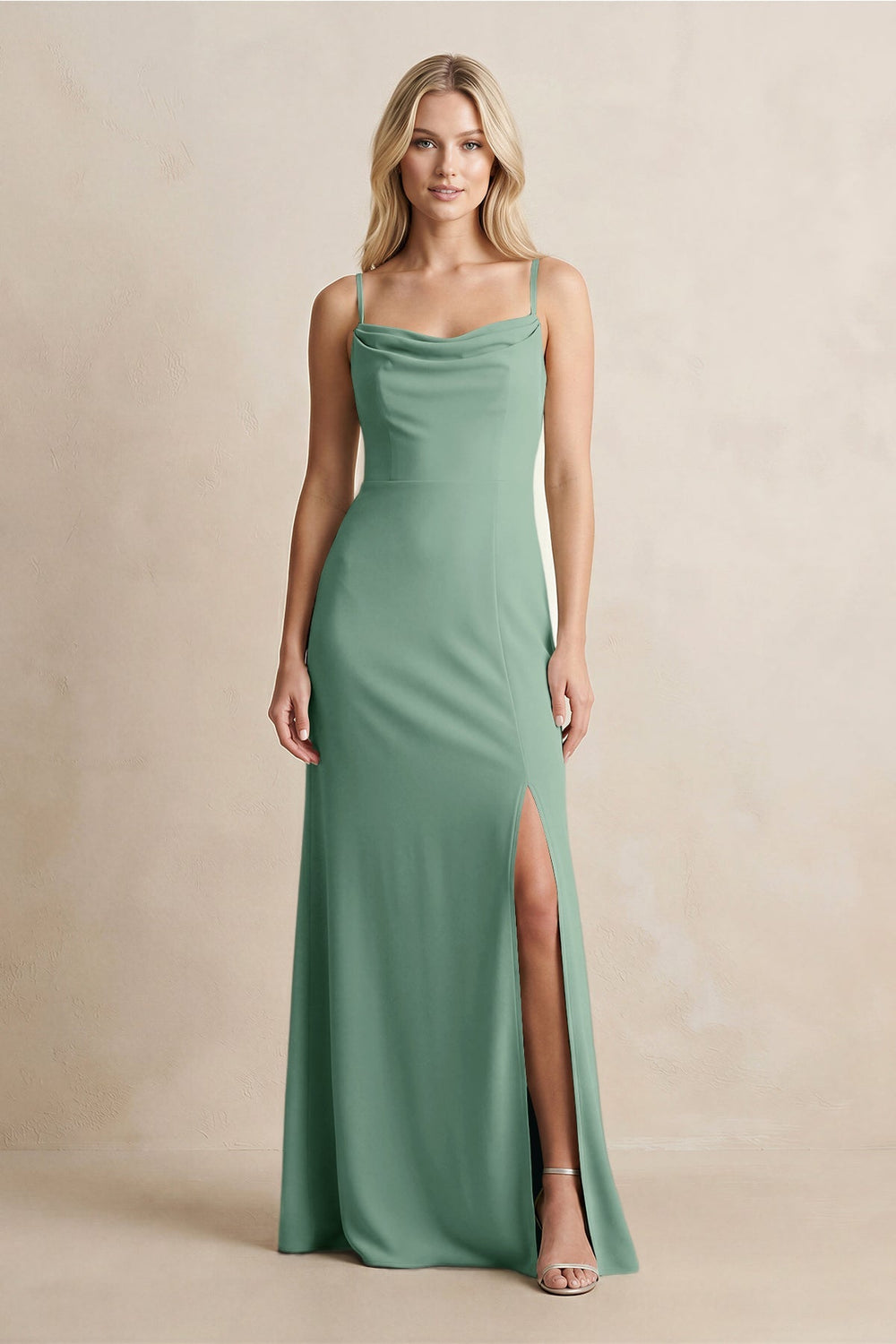Spaghetti Straps Sheath Satin Bridesmaid Dress With Slit in Mint Green - KISS BRIDAL Bridesmaid Dresses