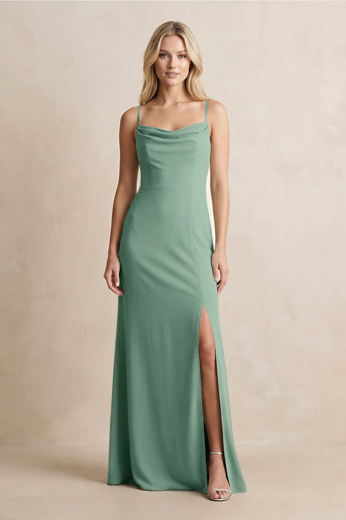 Spaghetti Straps Sheath Satin Bridesmaid Dress With Slit in Mint Green - KISS BRIDAL Bridesmaid Dresses