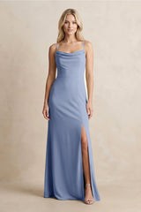 Spaghetti Straps Sheath Satin Bridesmaid Dress With Slit in Mist - KISS BRIDAL Bridesmaid Dresses
