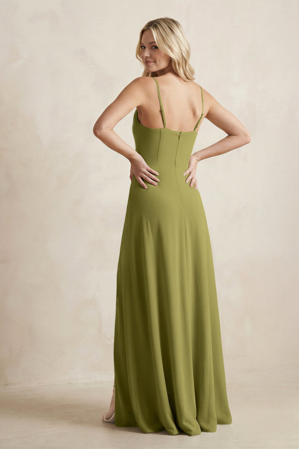 Spaghetti Straps Sheath Satin Bridesmaid Dress With Slit in Moss Green - KISS BRIDAL Bridesmaid Dresses
