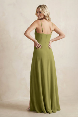 Spaghetti Straps Sheath Satin Bridesmaid Dress With Slit in Moss Green - KISS BRIDAL Bridesmaid Dresses