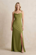Spaghetti Straps Sheath Satin Bridesmaid Dress With Slit in Moss Green - KISS BRIDAL Bridesmaid Dresses