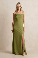 Spaghetti Straps Sheath Satin Bridesmaid Dress With Slit in Moss Green - KISS BRIDAL Bridesmaid Dresses