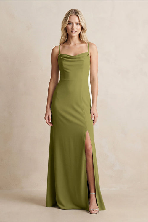 Spaghetti Straps Sheath Satin Bridesmaid Dress With Slit in Moss Green - KISS BRIDAL Bridesmaid Dresses