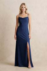 Spaghetti Straps Sheath Satin Bridesmaid Dress With Slit in Navy - KISS BRIDAL Bridesmaid Dresses