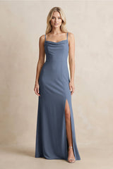 Spaghetti Straps Sheath Satin Bridesmaid Dress With Slit in Neptune - KISS BRIDAL Bridesmaid Dresses