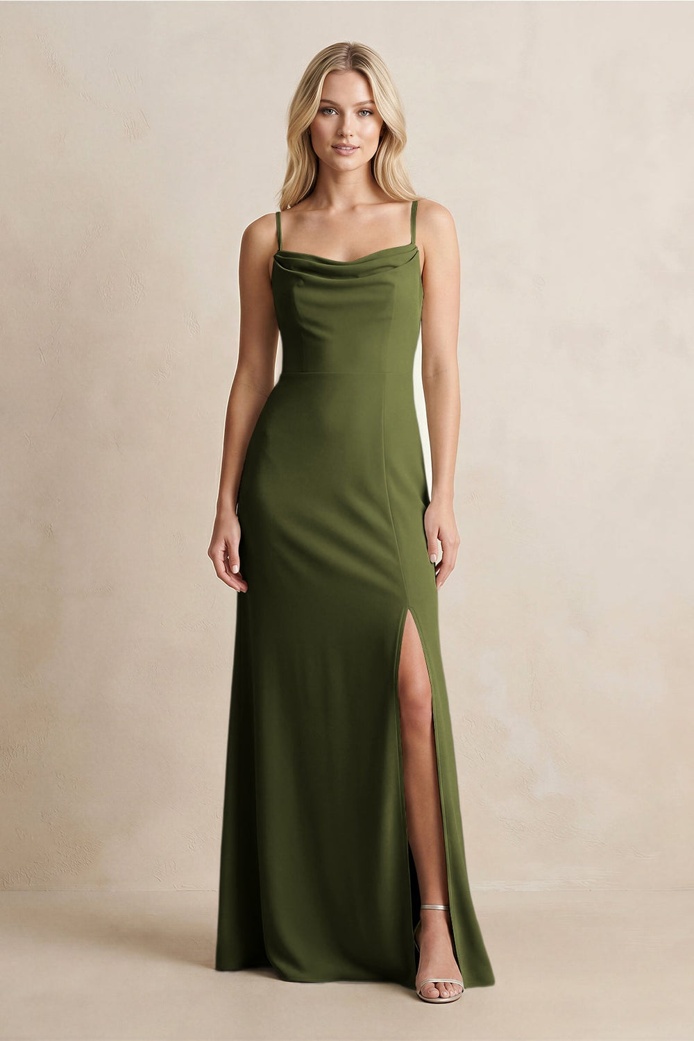 Spaghetti Straps Sheath Satin Bridesmaid Dress With Slit in Olive - KISS BRIDAL Bridesmaid Dresses