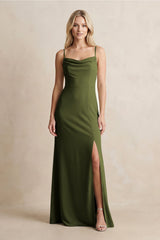 Spaghetti Straps Sheath Satin Bridesmaid Dress With Slit in Olive - KISS BRIDAL Bridesmaid Dresses