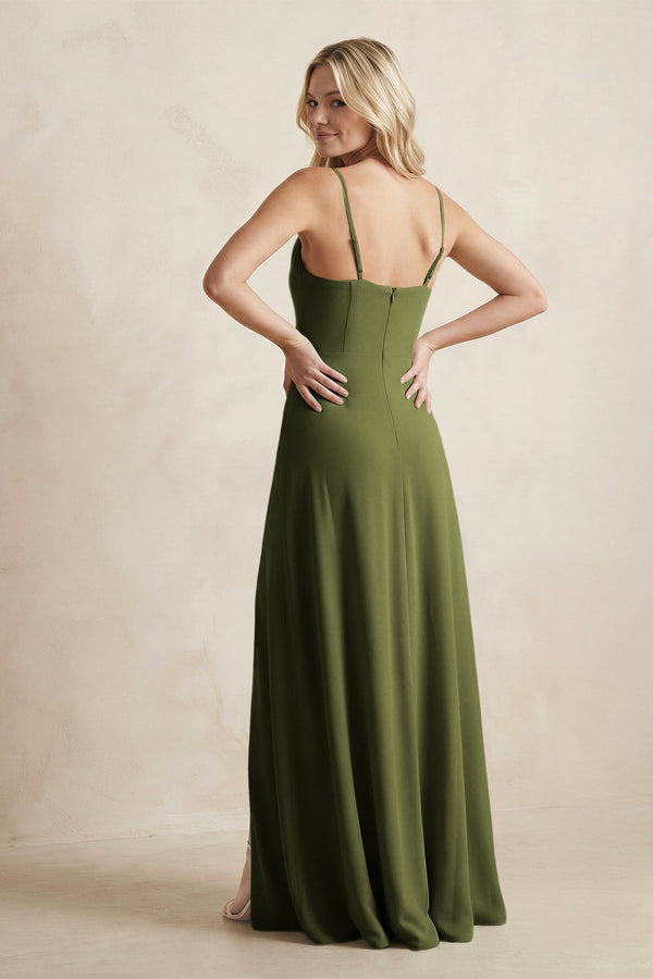 Spaghetti Straps Sheath Satin Bridesmaid Dress With Slit in Olive - KISS BRIDAL Bridesmaid Dresses