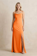 Spaghetti Straps Sheath Satin Bridesmaid Dress With Slit in Orange - KISS BRIDAL Bridesmaid Dresses
