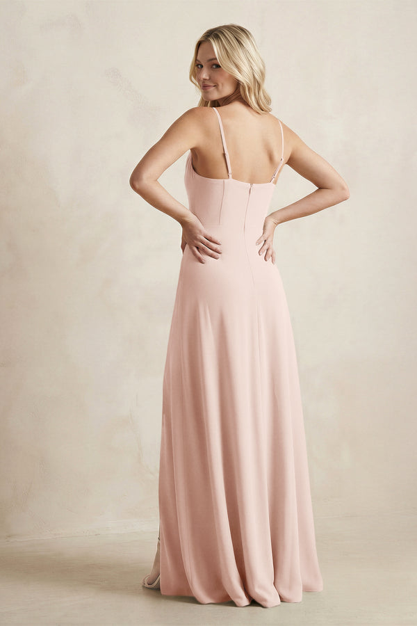 Spaghetti Straps Sheath Satin Bridesmaid Dress With Slit in Pale Blush - KISS BRIDAL Bridesmaid Dresses