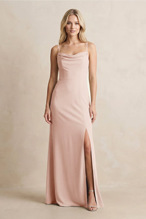 Spaghetti Straps Sheath Satin Bridesmaid Dress With Slit in Pale Blush - KISS BRIDAL Bridesmaid Dresses