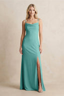 Spaghetti Straps Sheath Satin Bridesmaid Dress With Slit in Pale Pistachio - KISS BRIDAL Bridesmaid Dresses