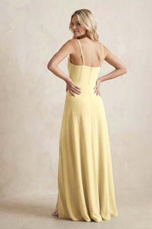 Spaghetti Straps Sheath Satin Bridesmaid Dress With Slit in Pastel Yellow - KISS BRIDAL Bridesmaid Dresses