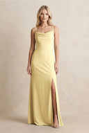 Spaghetti Straps Sheath Satin Bridesmaid Dress With Slit in Pastel Yellow - KISS BRIDAL Bridesmaid Dresses