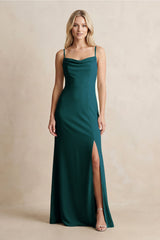 Spaghetti Straps Sheath Satin Bridesmaid Dress With Slit in Pine - KISS BRIDAL Bridesmaid Dresses