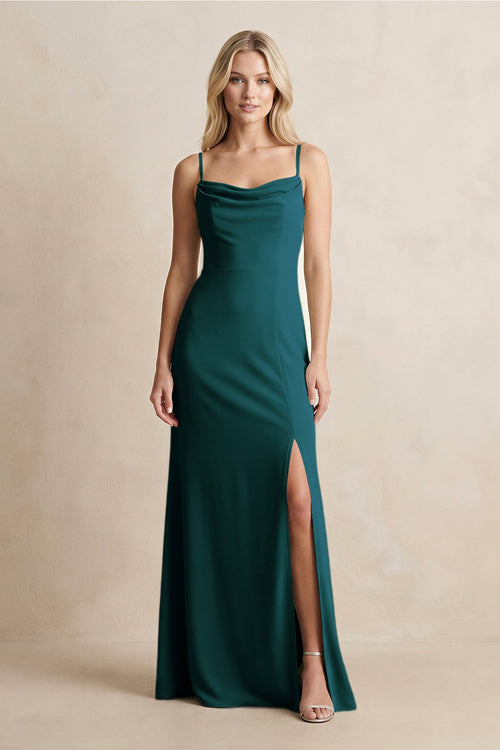 Spaghetti Straps Sheath Satin Bridesmaid Dress With Slit in Pine - KISS BRIDAL Bridesmaid Dresses