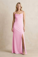 Spaghetti Straps Sheath Satin Bridesmaid Dress With Slit in Pink - KISS BRIDAL Bridesmaid Dresses