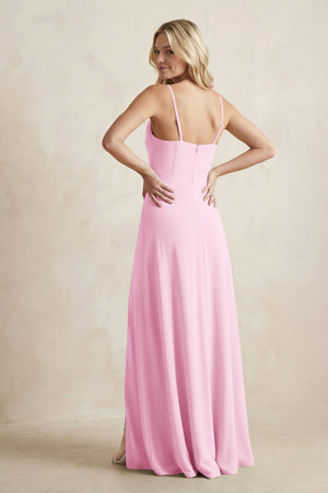 Spaghetti Straps Sheath Satin Bridesmaid Dress With Slit in Pink - KISS BRIDAL Bridesmaid Dresses