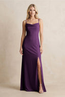 Spaghetti Straps Sheath Satin Bridesmaid Dress With Slit in Plum - KISS BRIDAL Bridesmaid Dresses
