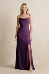 Spaghetti Straps Sheath Satin Bridesmaid Dress With Slit in Plum - KISS BRIDAL Bridesmaid Dresses