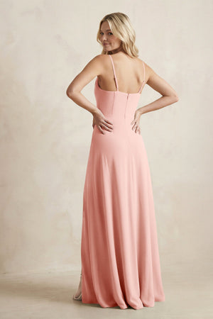 Spaghetti Straps Sheath Satin Bridesmaid Dress With Slit in Rose Petal - KISS BRIDAL Bridesmaid Dresses