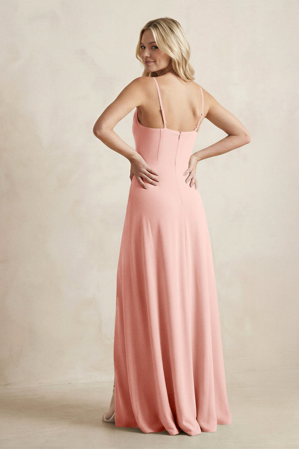 Spaghetti Straps Sheath Satin Bridesmaid Dress With Slit in Rose Petal - KISS BRIDAL Bridesmaid Dresses