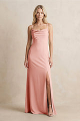 Spaghetti Straps Sheath Satin Bridesmaid Dress With Slit in Rose Petal - KISS BRIDAL Bridesmaid Dresses