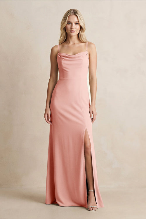 Spaghetti Straps Sheath Satin Bridesmaid Dress With Slit in Rose Petal - KISS BRIDAL Bridesmaid Dresses