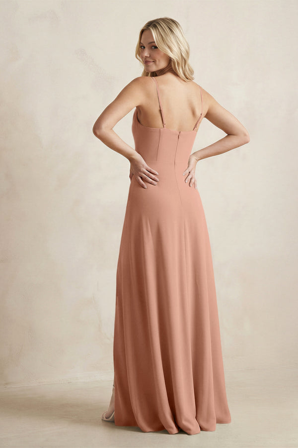 Spaghetti Straps Sheath Satin Bridesmaid Dress With Slit in Rosette - KISS BRIDAL Bridesmaid Dresses
