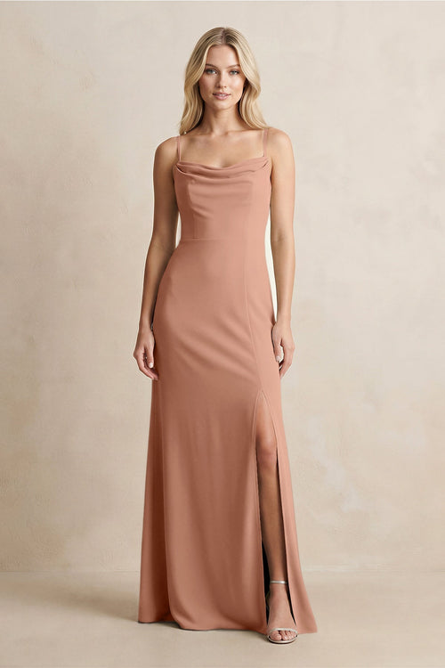 Spaghetti Straps Sheath Satin Bridesmaid Dress With Slit in Rosette - KISS BRIDAL Bridesmaid Dresses