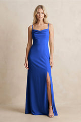 Spaghetti Straps Sheath Satin Bridesmaid Dress With Slit in Royal Blue - KISS BRIDAL Bridesmaid Dresses