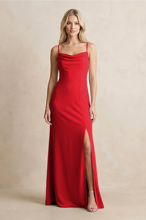 Spaghetti Straps Sheath Satin Bridesmaid Dress With Slit in Ruby Red - KISS BRIDAL Bridesmaid Dresses